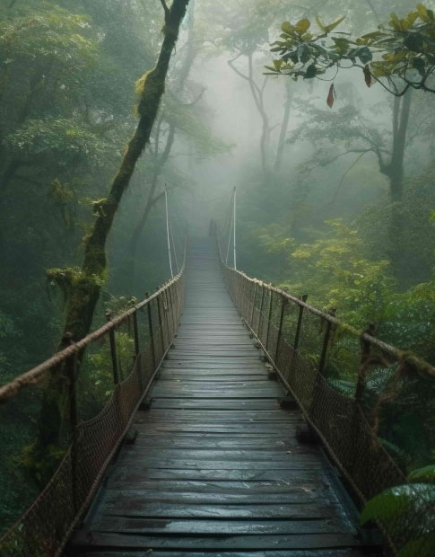 Wooden bridge in foggy green forest