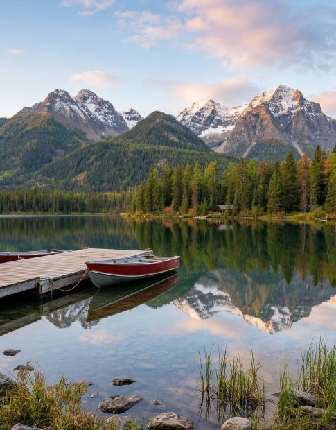 Calm lake with boat and mountains