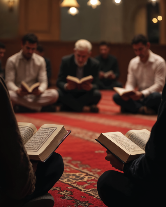 Group of Muslim men sitting in mosque and reading the Holy Quran together